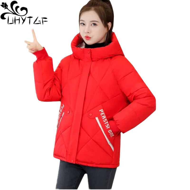 

UHYTGF Wnter coat women hooded down jacket casual short jackets parker women's elegant student Korean warm big size coats 1764