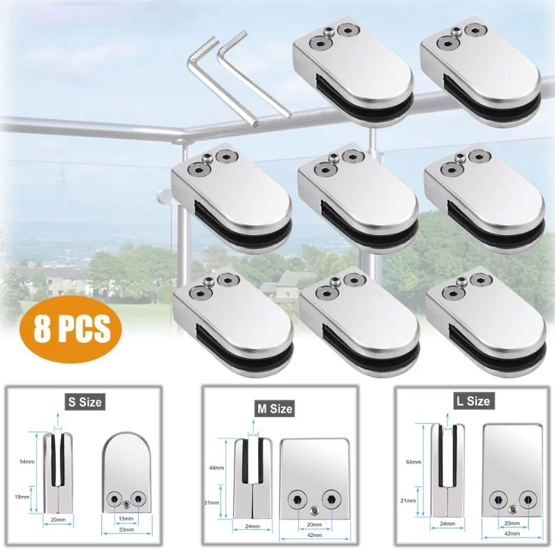 Proster 8Pcs 304 Stainless Steel Glass Clip Clamp Bracket Flat Back for Handrail Staircase S / M / L 6-12mm Polished Glass Clamp