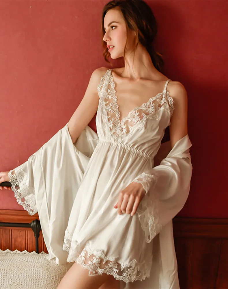 Yhotmeng sexy lace openwork ice silk lace sexy underwear female sleeveless sling V-neck halter robe and nightdress set