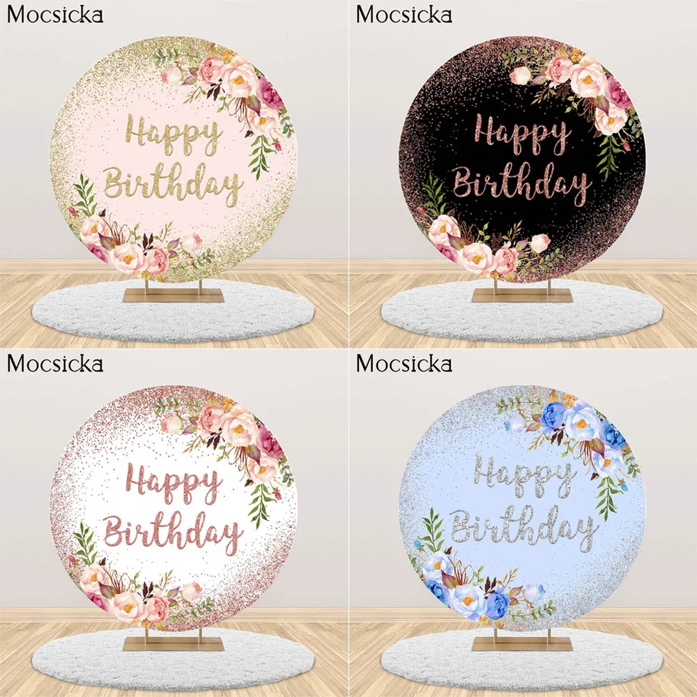 Moscicka Glitter Birthday Party Backdrops For Girls Women Adult Bday Party Bokeh Floral Confetti Round Circle Cover Photoshoot