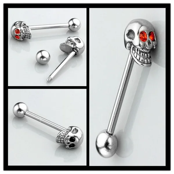 Anneau de langue en acier inoxydable en forme de tête de mort, bijou de Piercing pour squelette, clou d'oreille, vis de nombril, rouge, bleu, noir, vert