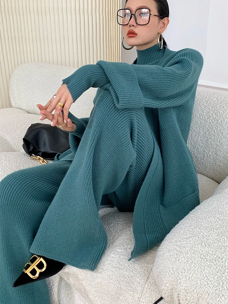 Franse Stijl Elegante Dameskleding Pullover 3 Stuks Outfit Trui Vest + Gebreide Wijde Pijpen Driedelige Set