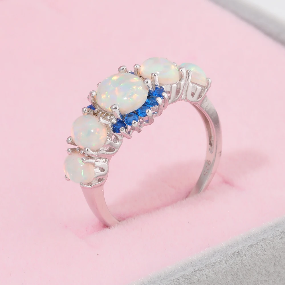 CiNily 5 Colors Luxe Fire Opal Ring Silver Plated Oval Round Stone Finger Ring Blue Full Crystal Vintage Jewelry Gift for Women