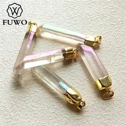 FUWO Wholesale Aura Crystal Quartz Point Pendant, Golden Plated Natural Semi-precious Stone Accessories For Jewelry Making PD074