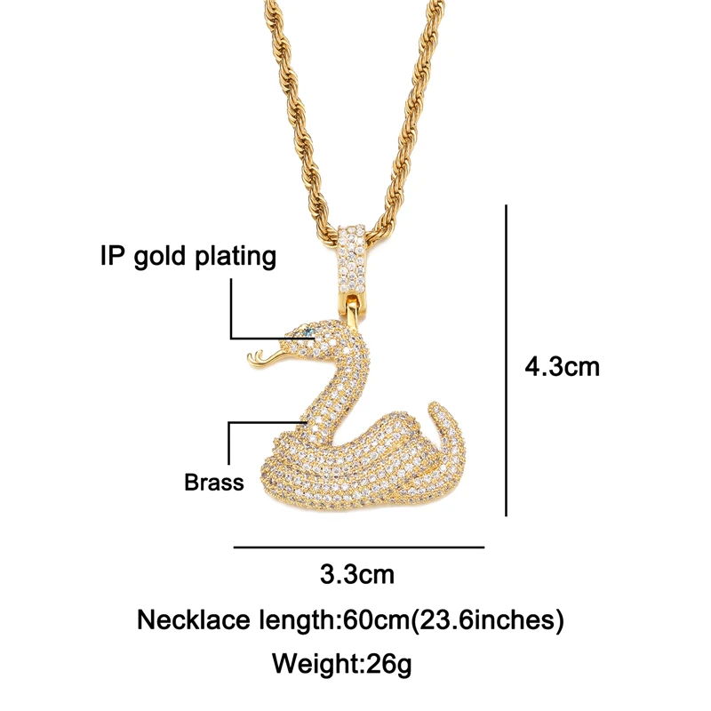 Hip Hop Iced Out Animal Snake Bling Cubic Zirconia Necklaces & Pendants For Men Women Rapper Jewelry With Solid Back