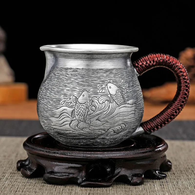 Silver Justice Cup Sterling Silver 999 Hand-engraved Chinese Retro Tea Ceremony Kung Fu Tea Set Silver Tea Maker