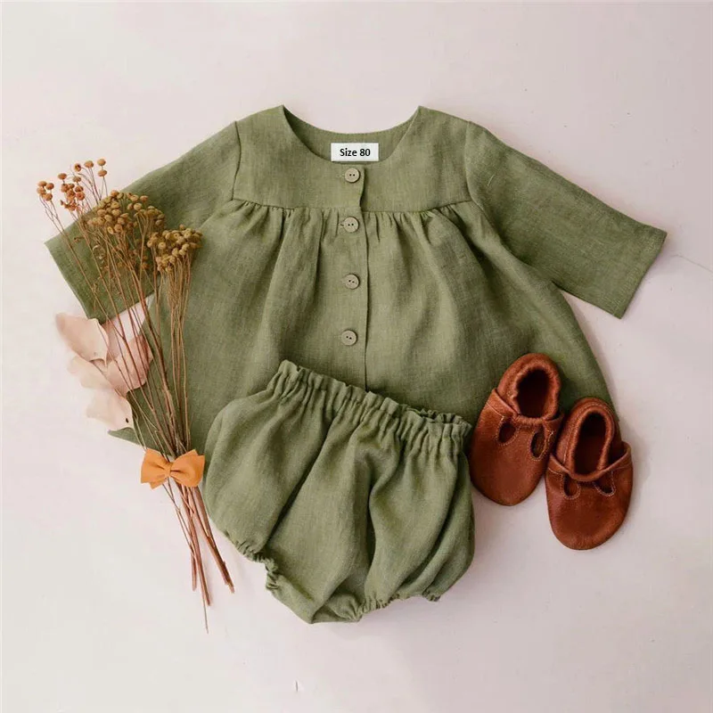 Nowborn Baby Clothes Sets Spring Baby Girl Blouse + Shorts Linen Cotton Girls Clothing Long Sleeve Tops 2pcs Toddler Girls Suit