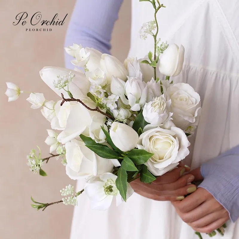 Bouquet de Mariage blanc avec roses et tulipes, Collection de fleurs artificielles pour mariée, Bouquet décoratif pour église, nouvelle Collection