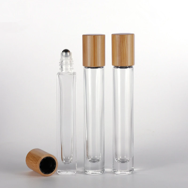 

50Pcs 10ml Transparent Round Glass Eye Essential Oil Roll On Vials Metal Roller Ball Perfume Square Glass Bottle