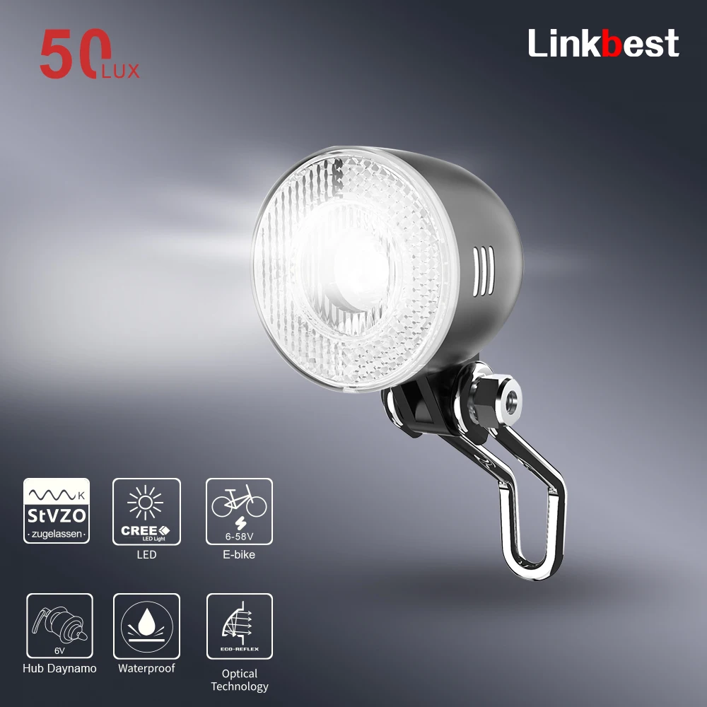 Linkbest-faro Led para bicicleta eléctrica, 50 Lux, StVZO, resistente al agua, 5 bujes, Dinamo, antideslumbrante