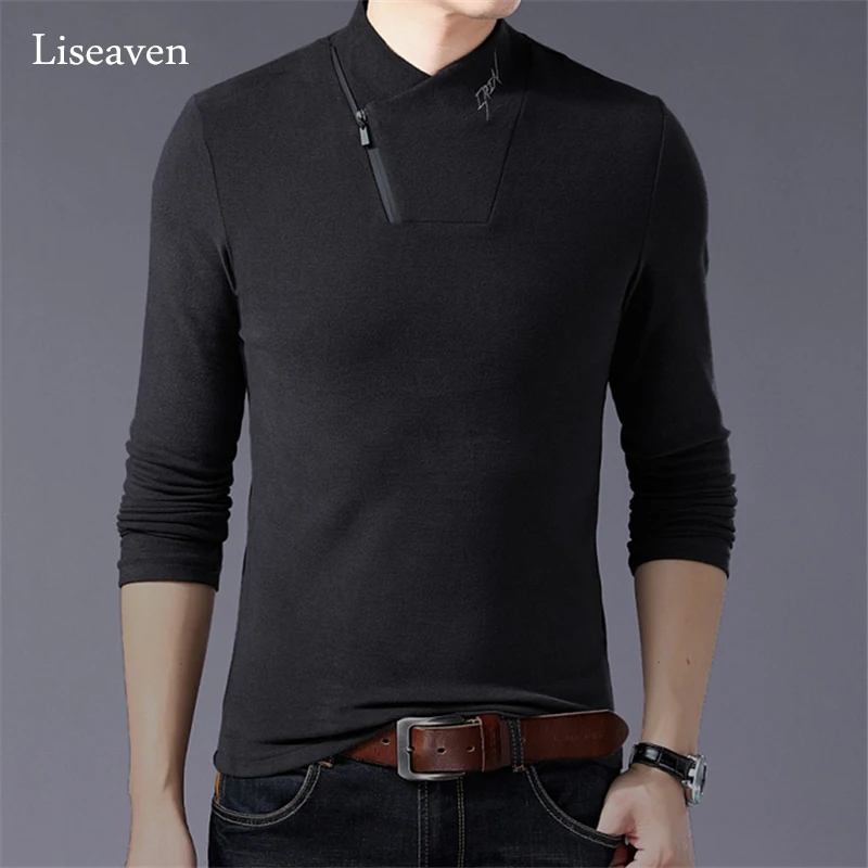 Liseaven Brand 2021 New Cotton Men's T-shirt Long Sleeve T Shirt Men Solid Color V-Neck Collar Oversized T Shirt