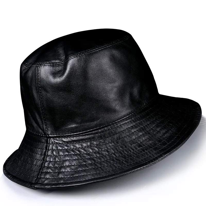 Fall Winter Fisherman Hat For Men Elderly Genuine Leather Outdoor Wild Big Brim Thin Basin Caps Hombre Fitted Black Fischerhut