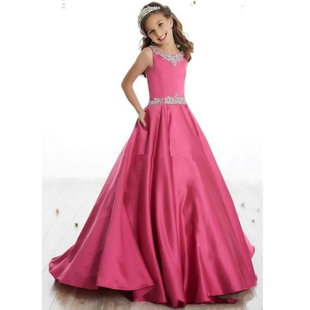 Vestido infantil de cetim clássico com miçangas, vestido formal de festa de aniversário para casamentos de 3 a 14 anos