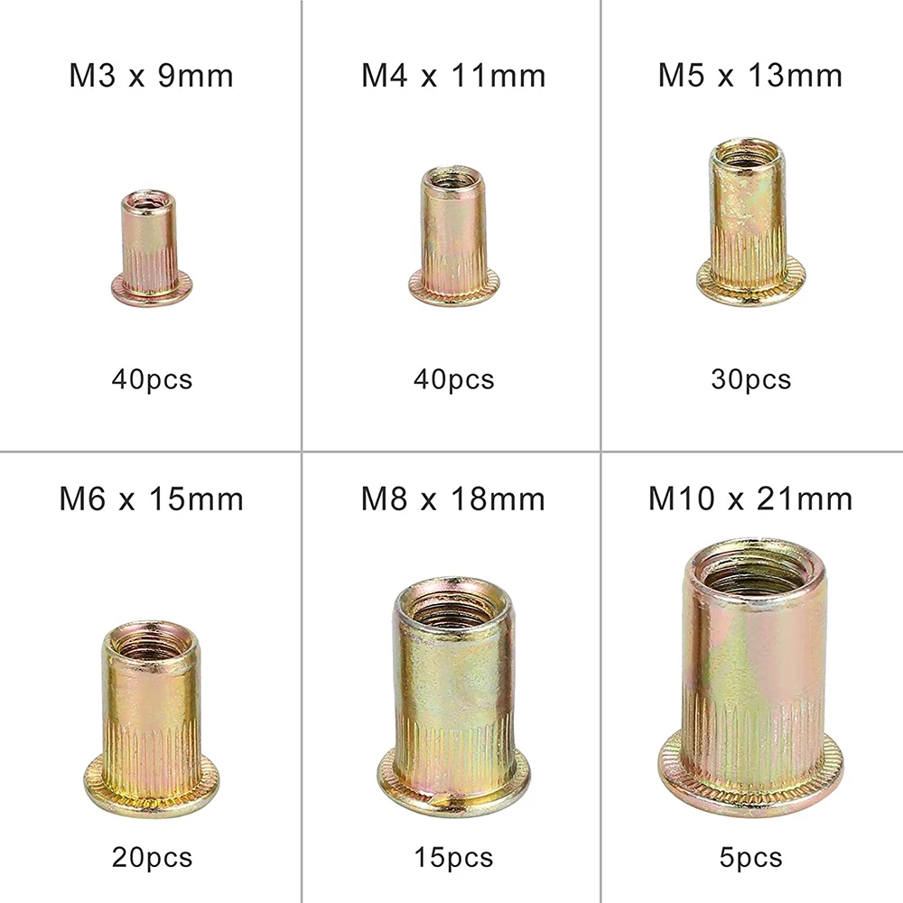 150pcs Rivet Rivet Combination Kit Rivet Nut Tool Kit Steel Yellow Galvanized Thread Rivet Nut Insert Kit M3 / M4 / M5 / M6 / M8