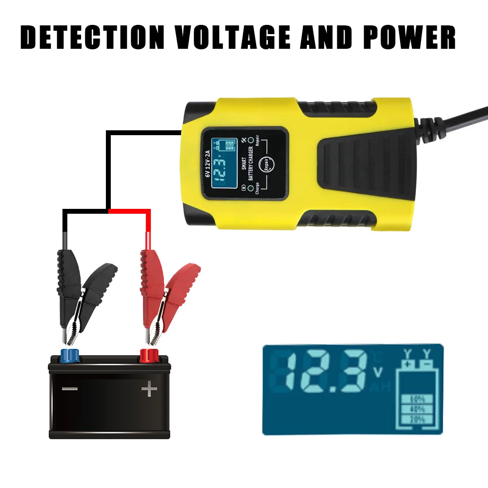 6V 12V 2A Car Battery Charger EU Plug Tester Automatic Smart Digital LCD Display Power Pulse Repair Tools Motorcycle Accessories