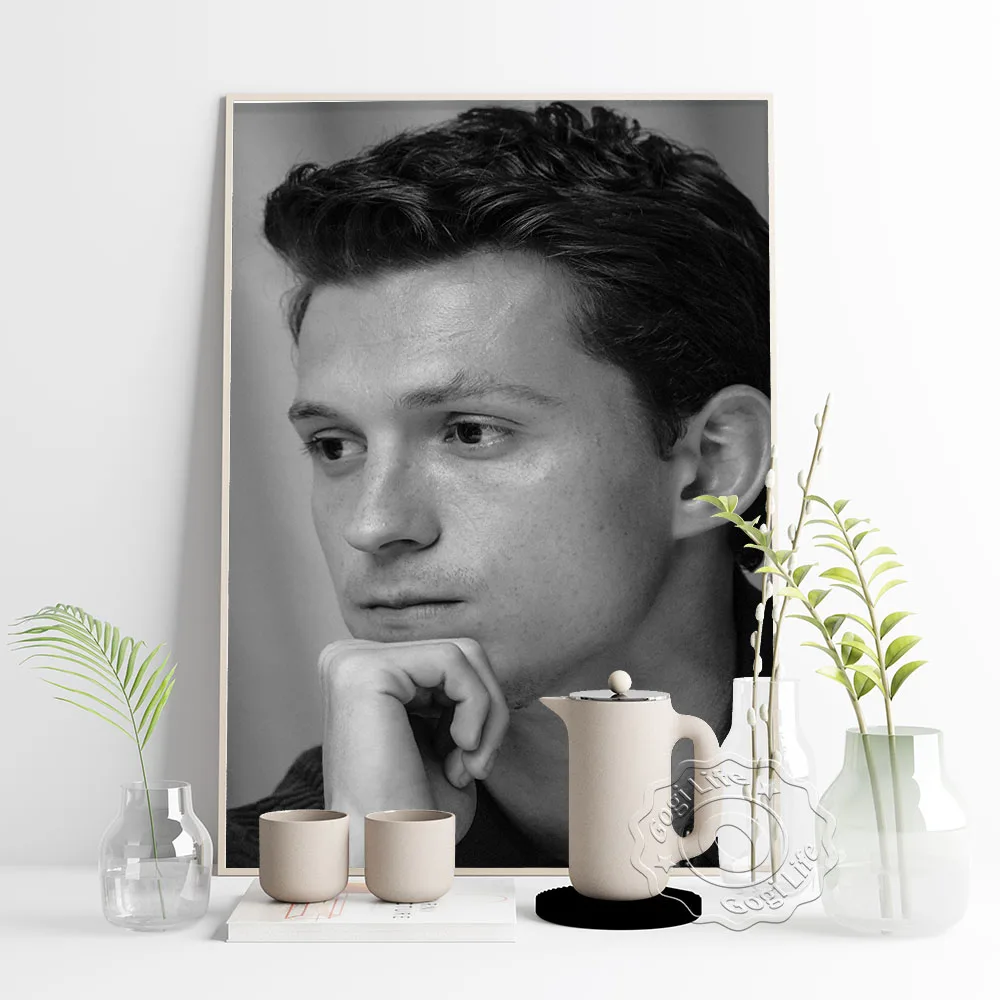 England Famous Actor Tom Holland Black And White Art Poster, Movice Tv Star Actor Portrait Wall Picture, Fans Collection Prints