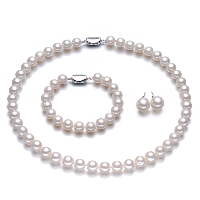 NYMPH Round Natural Freshwater Pearl Jewelry Sets For Women Fine Jewelry 8-9mm necklace bracelet Earring Ring Gift T401