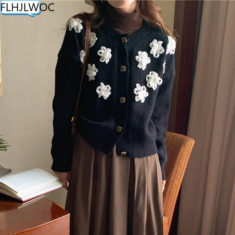 

Chic Autumn Winter Cute Sweater Women Sweet Grils Japanese Style Vintage Flower Single Breasted Button Knitted Cardigans Coats