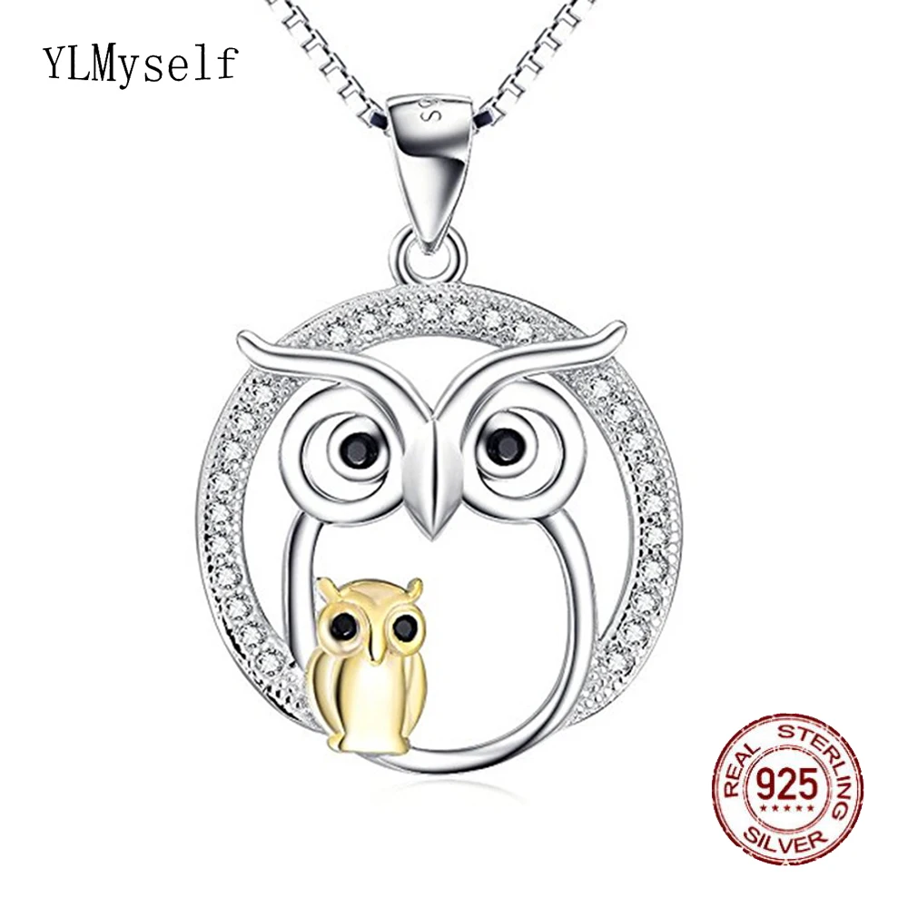 Solid 925 Sterling Silver Necklace 40+5 cm Chain Sparkly CZ Cute Owl Mother and Daughter Pendant 2 Tone Fine Jewelry