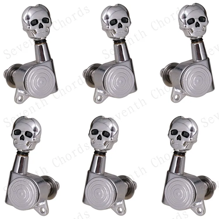 3R3L Chrom-Gitarrenstimmwirbel mit Totglockenmechanismus für Akustik-, E- und Folk-Gitarren – Totenkopf-Design – Detail 1