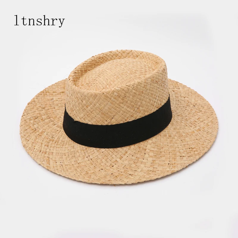 Summer Panama Fedora Flat top Raffia sun Hat Spring Women\'s Travel Caps Bandages Wide brim Beach men Traw Hat Breathable