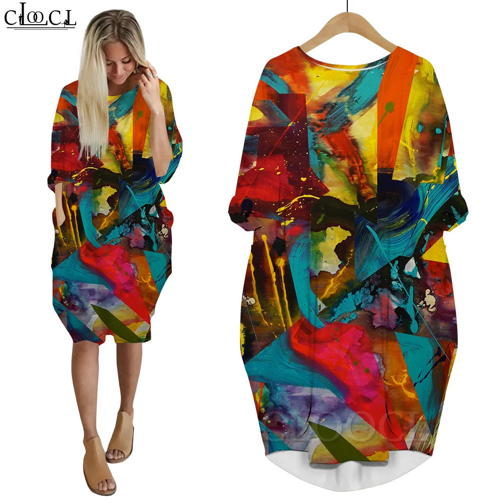 

CLOOCL Women Dress Graffiti Visual Vertigo 3D Print Loose Daughter Dresses for Woman Casual Long Sleeve Female Gown Pocket Dress