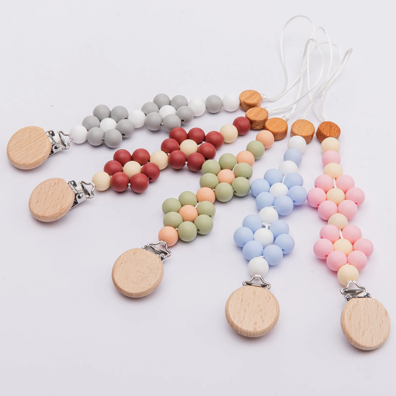 1Pc Handmade Silicone Baby Wooden Pacifier Chain Clips Solid Color BPA Free Teether Pacifier Chains Holder Chain For Baby Toys