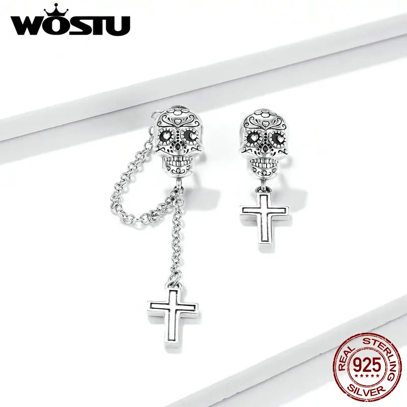 Wostu 2020 Authentic 925 Sterling Silver Skull with Cross Stud Earrings for Women Oxidized Silver ear Jewelry BSE419