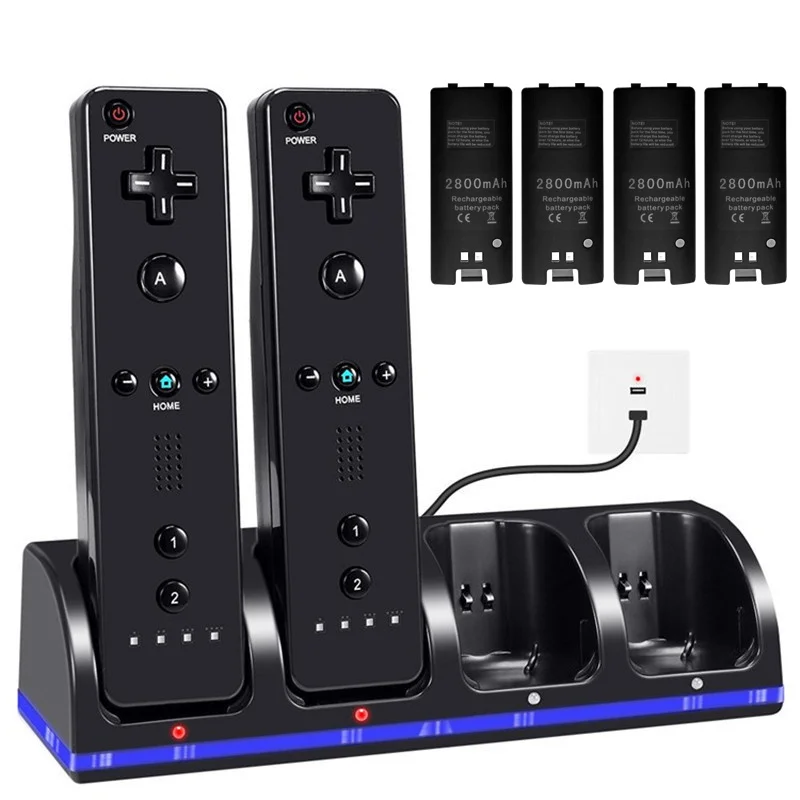 For Nintendo Wii Remote Controller Charging Dock Station + 4pcs 2800mAh Rechargeable Batteries For Wii Gamepad Battery Charger