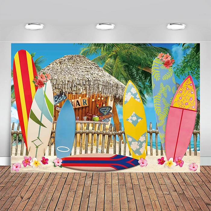 

Tropical Surfboard Backdrop Summer Beach Seaside Bar Palm Tree Background Aloha Luau Hawaii Birthday Baby Party Supplies Banner