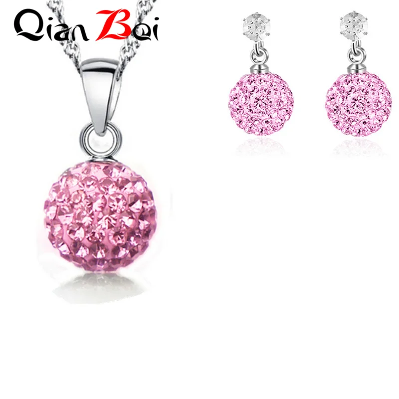 QianBei Hot Sale 13 Color 10MM Pendant Necklace Earrings Ball Crystal Earring Necklace Set For Women Fashion Jewelry Gifts