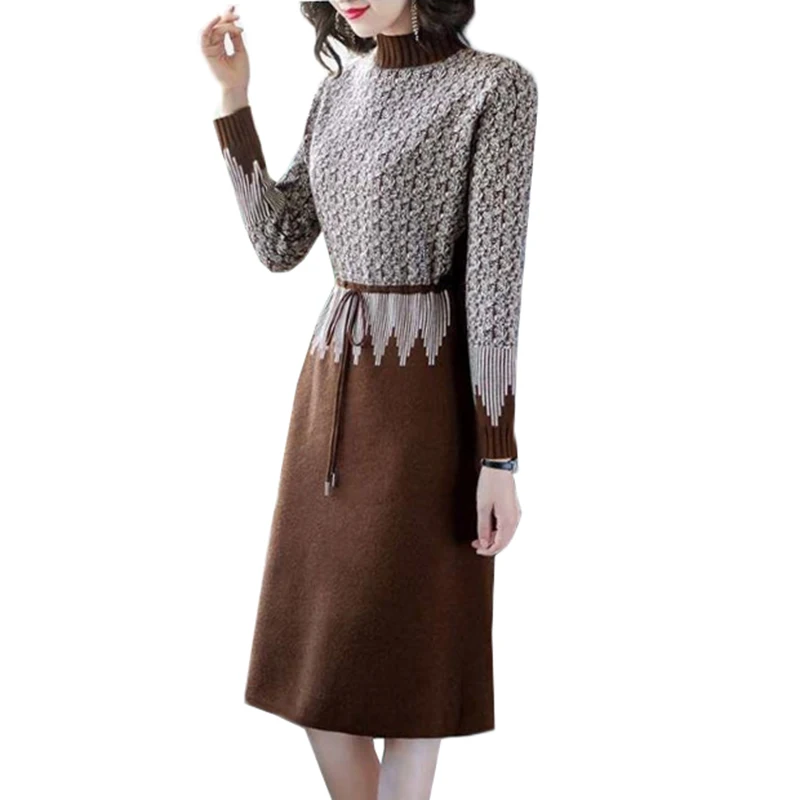 

Knit Dress Women's New Autumn Winter Vintage Long Sleeve Half Turtleneck Sweater Dress Elegant Ladies Office Dress Vestidos 387