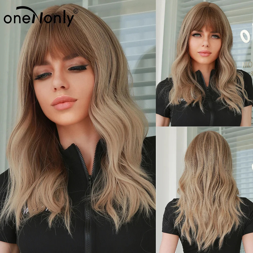 oneNonly Long Brown Blonde Synthetic Wigs with Bangs Natural Wave Hairstyle for Women Cosplay Party Heat Resistant Fiber