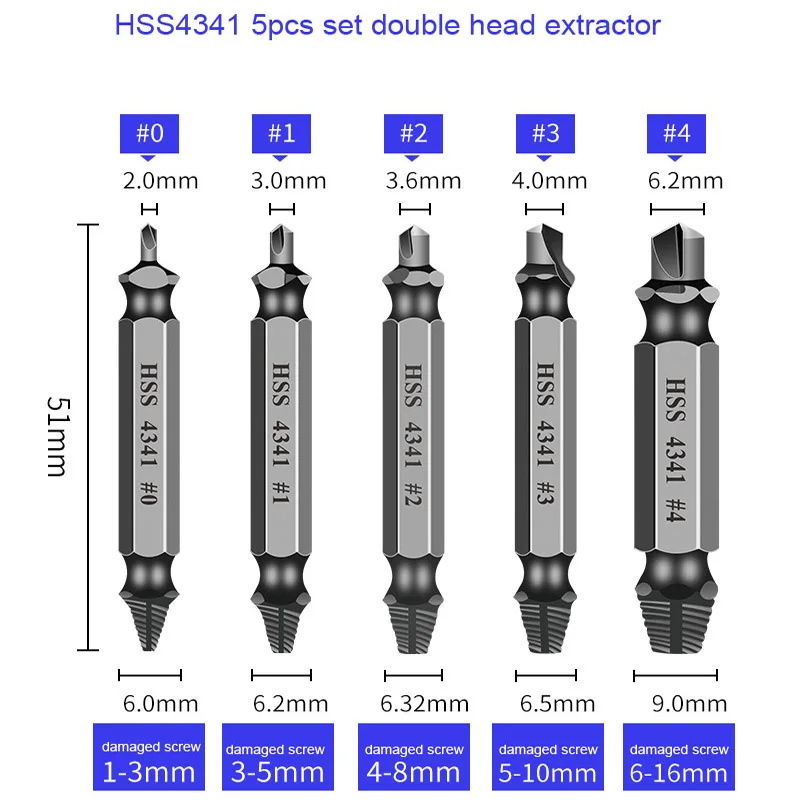 5pcs Damaged Screw Extractor Drill Bit Extractor Drill Set HSS4341 Out Bolt Extractor Bolt Stud Remover Tool Double Head