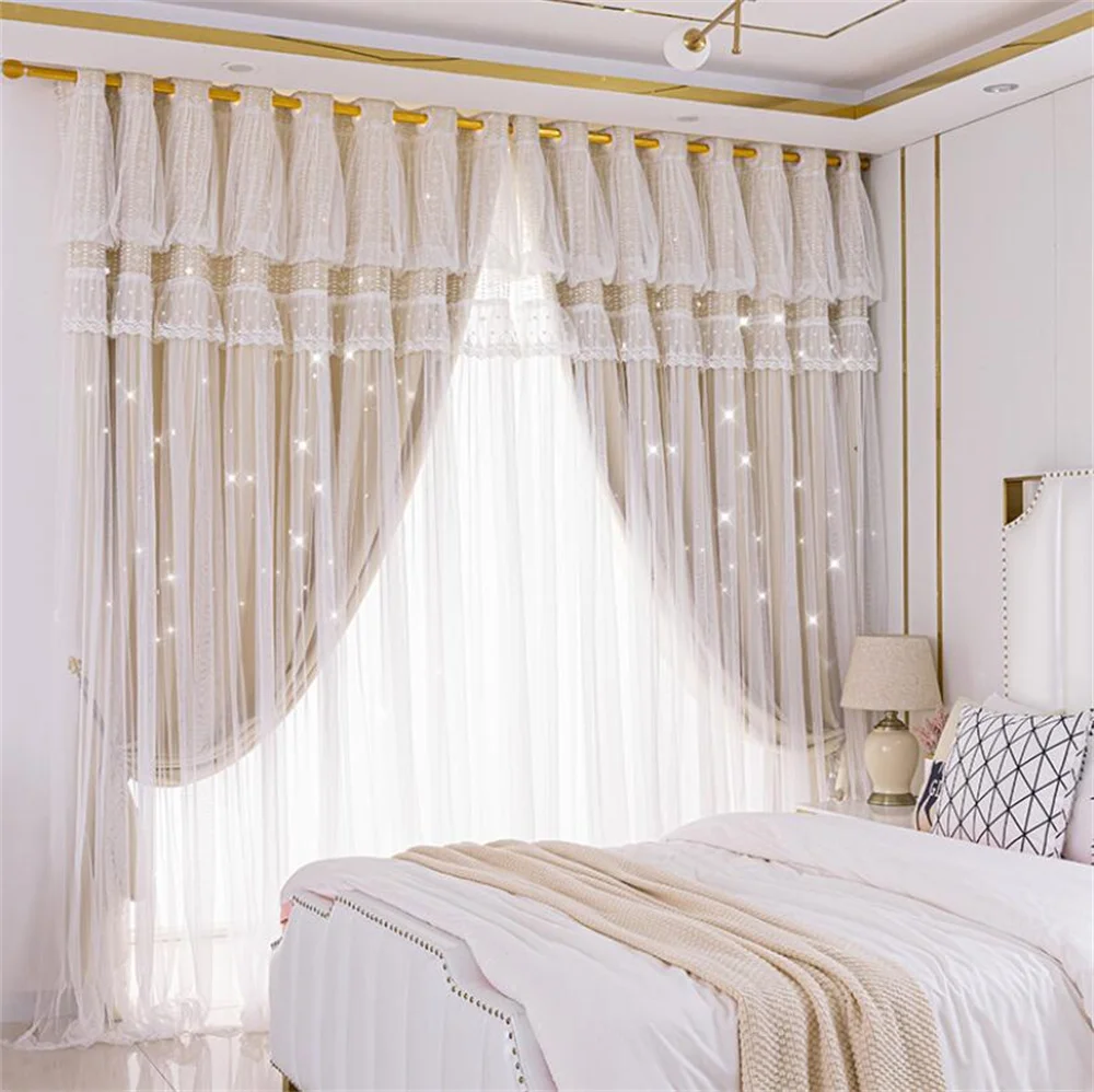 Korean Double Princess Curtains For Living Room Hollow Stars Lace Embroidery Curtain For Bedroom Shade Curtain Tulle Cloth Drape