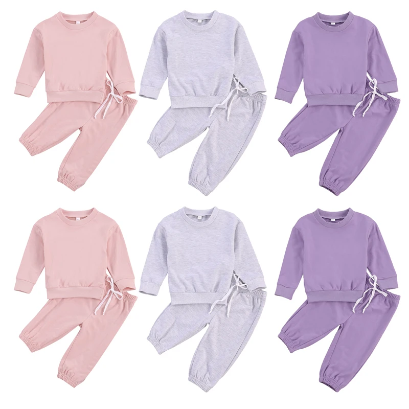 lioraitiin 0-5Years Children Girl 2Psc Set Kid's Solid Color Crew Neck Long Sleeve Pullover Toddler's Elastic Lace Up Trousers