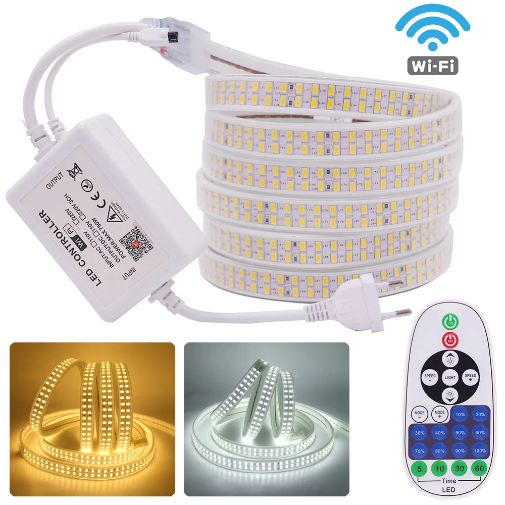 

WiFi Tuya Smart LED Strip Light AC 220V 110V 5730 High Bright Double Row 240Leds Waterproof Flexible LED Tape Ribbon APP Dimmer