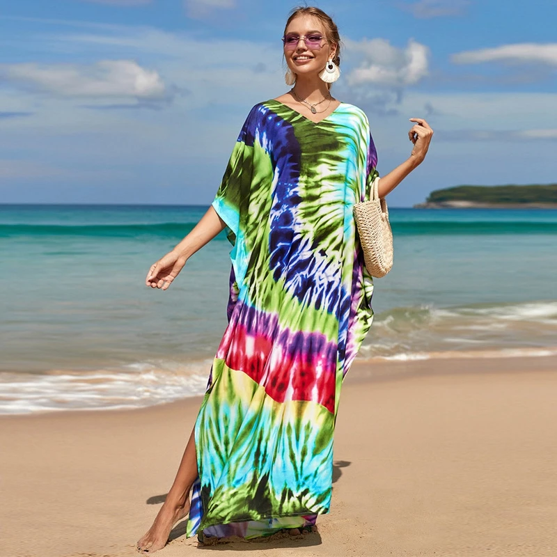 2022 New Design Kaftan Tie Dye Spiral Print Wild Women Maxi Dress Tropical Morocco Exquisite Holiday Beach Pool Resortwear Tunic