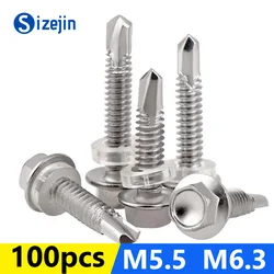 100PCS M5.5 M6.3 410 Stainless Steel Outer Hexagonal Head Self-drilling Screw Washer with Rubber Self-tapping Dovetail Bolts