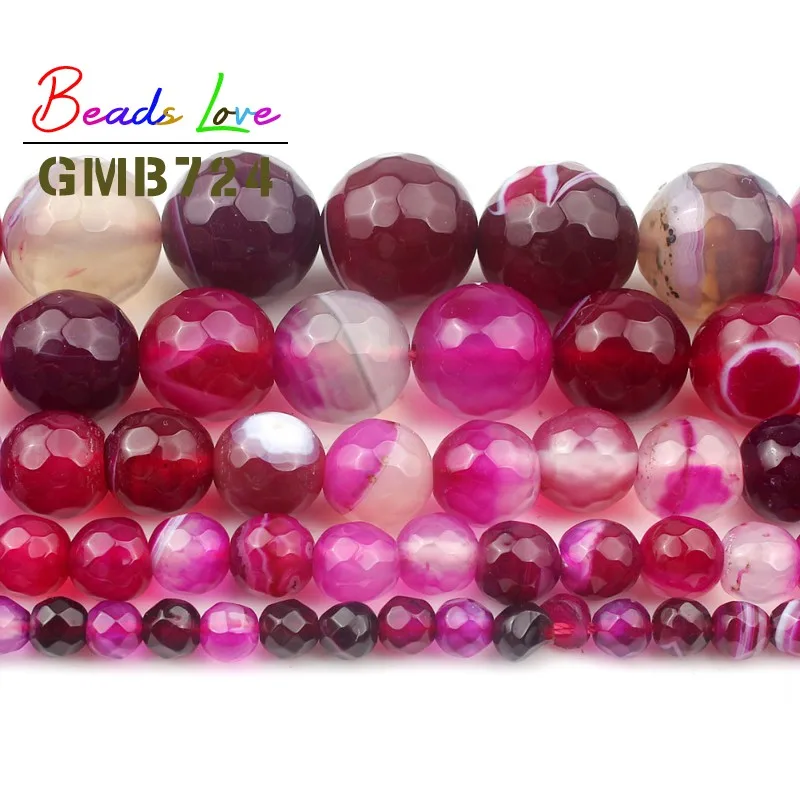 الحجر الطبيعي الأوجه الفوشيه مخطط العقيق الجزع جولة فضفاض الخرز لصنع المجوهرات قلادة سوار ذاتي الصنع بالجملة 15 بوصة #6