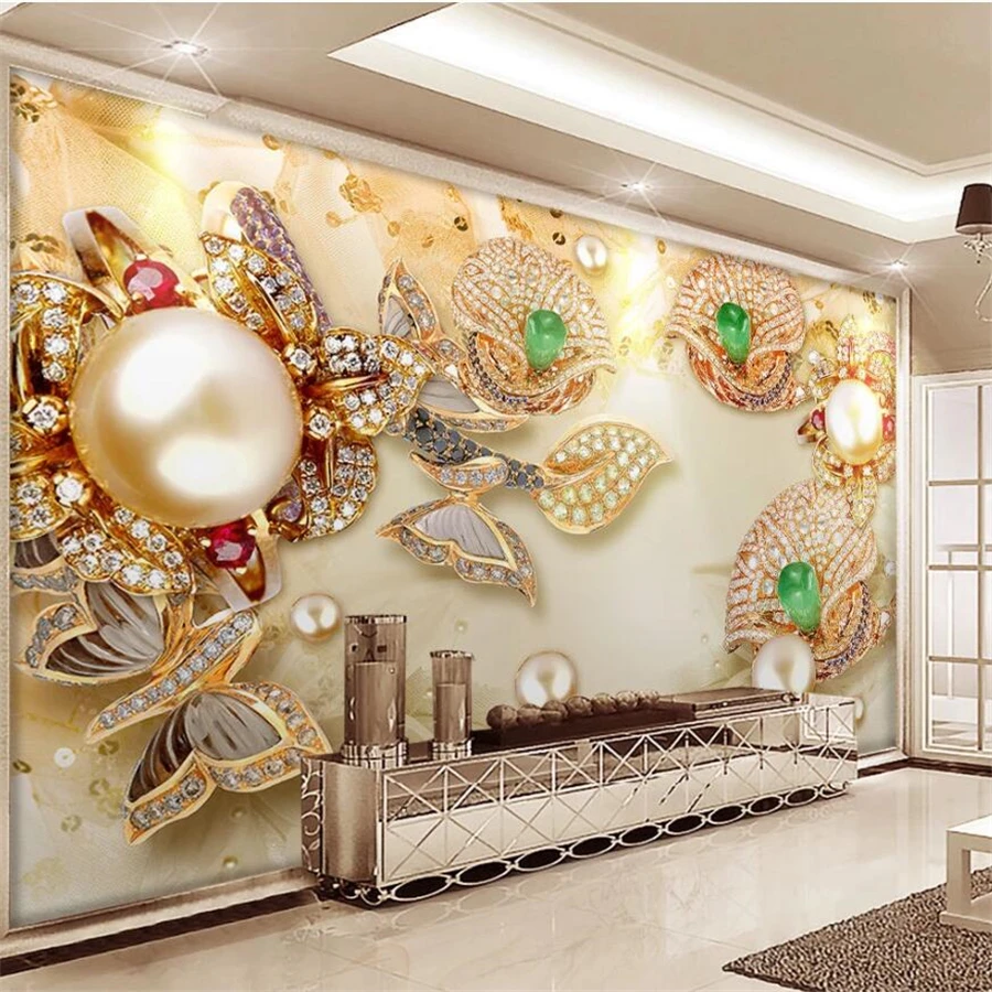 Custom wallpaper 3D gold glazed diamond flower jewelry TV background wall 3d soft bag luxury gold diamond flowers 3d wallpaper