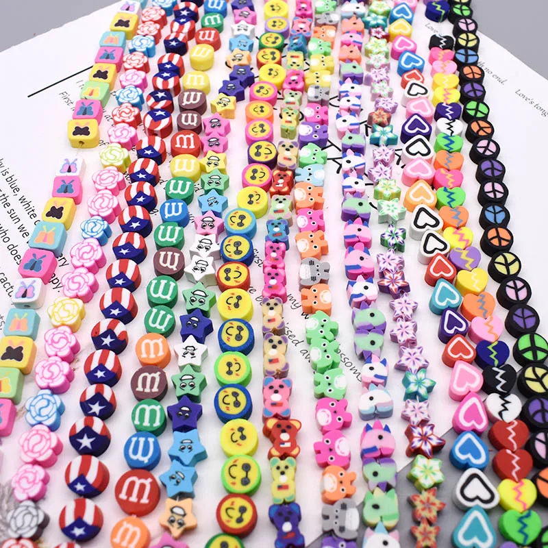10mm Polymer Clay Beads Rose Heart Smiling Face Loose Spacer Beads For Jewelry Making Charm Bracelet Necklace Kids DIY 30/100pcs
