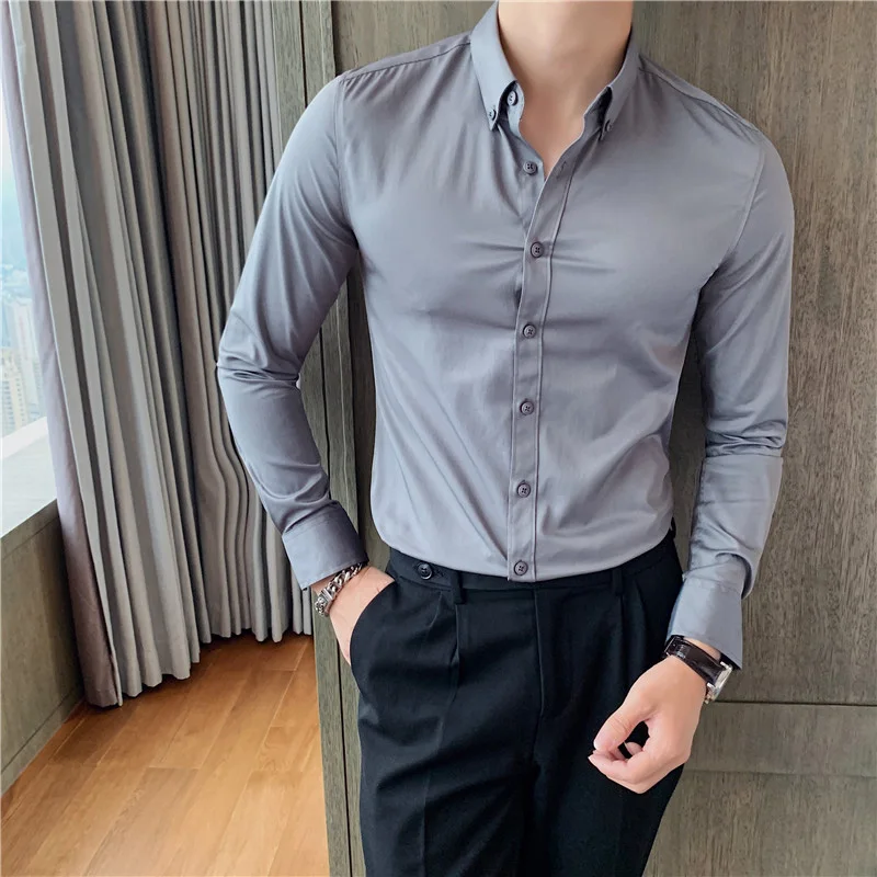

Korean Fashion Button-Down Men's Shirt Business Casual Fashion Solid Color Casual Shirts Slim Fit Male Social Blouses 6XL 7XL