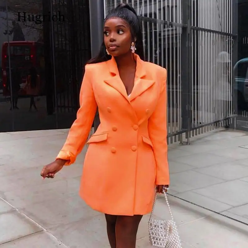 Long Sleeve Slim Blazer Dress Autumn Winter Women Fashion Pure Orange Streetwear Outfits Windbreak Solid Color Long Suit