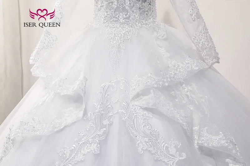 Aangepaste Backless Lange Mouw Trouwjurk Bruid Robe De Mariee Sheer Hals Kant Applicaties Baljurk Trouwjurken WX0175