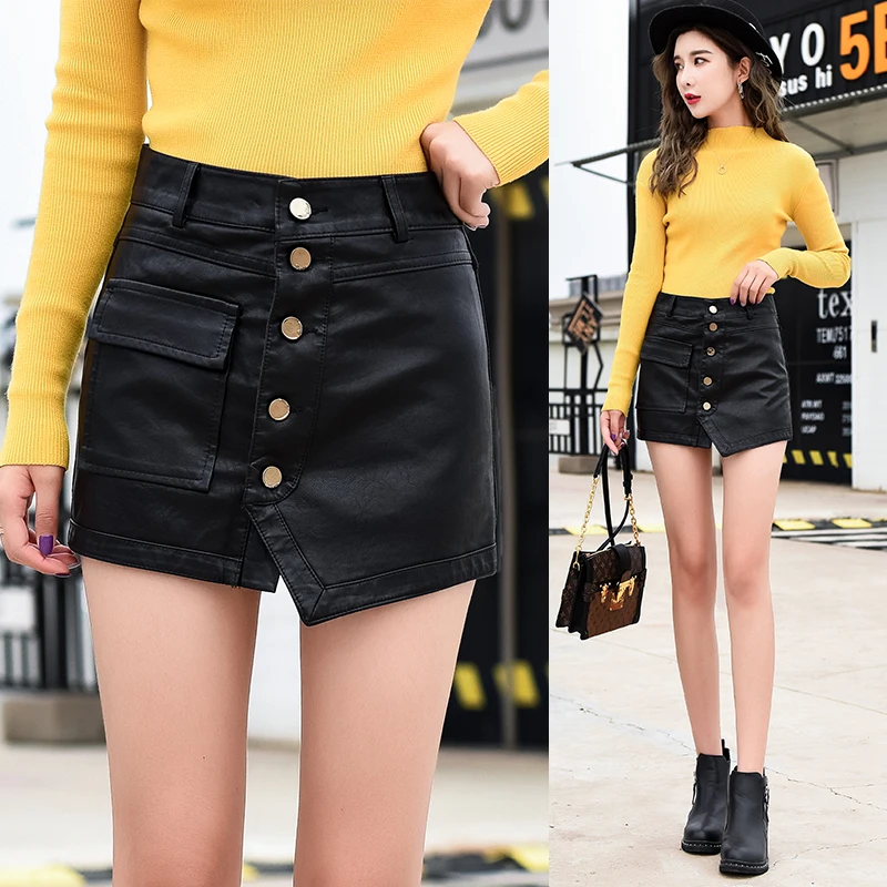 

2020 autumn and winter new style is thin outside wear irregular fake two pu leather shorts skirt