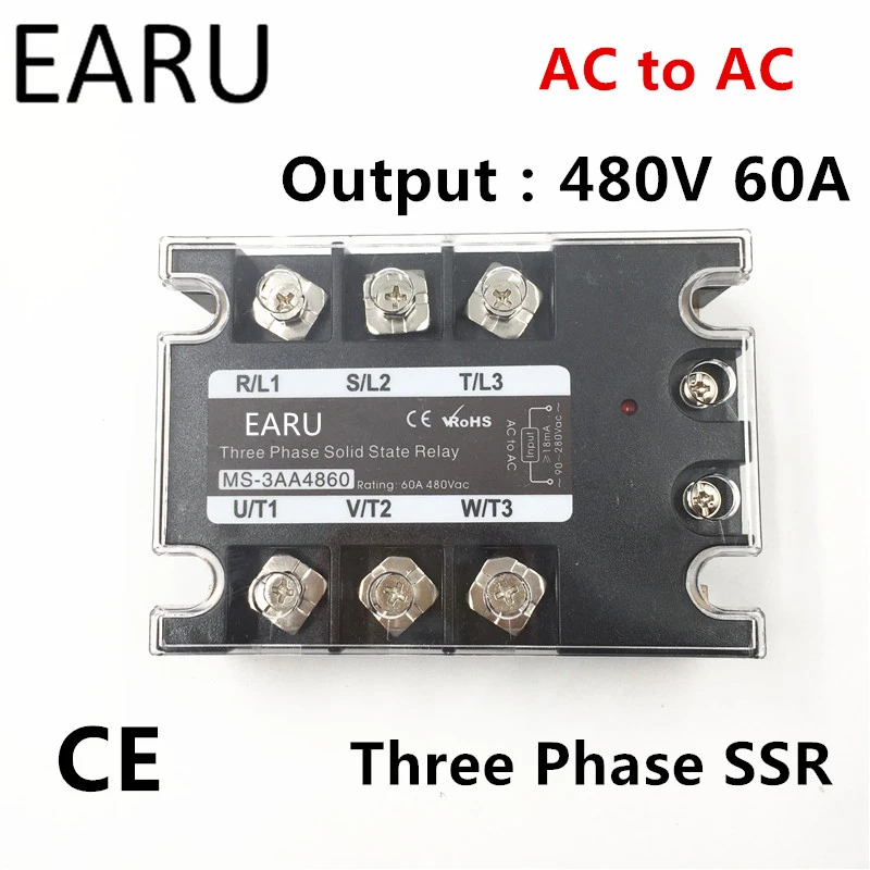 TSR-60AA SSR-60AA Three Phase Solid State Relay AC90-280V Input Control AC 30~480V Output Load 60A 3 Phase SSR High Power AA4860