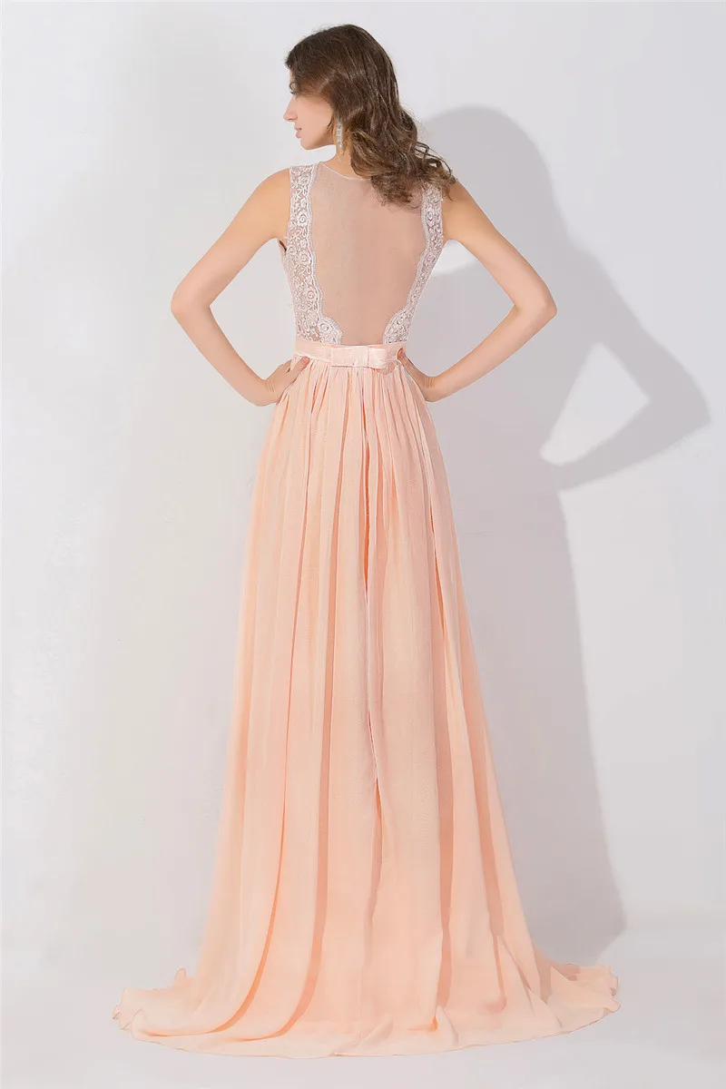 Lange Spitze Abendkleider 2022 Frauen Chiffon A-linie Ärmellose Bogen-knoten Formale Abend Prom Hochzeit Party Kleider robe de soirée