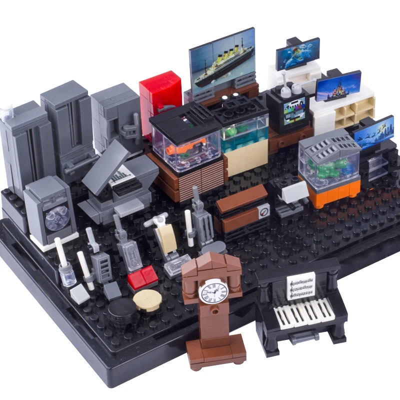 MOC City House Furniture Building Block Street View Fish Tank TV Refrigerator Sofa Food Drink Dessert Accessories Bricks Toy Boy