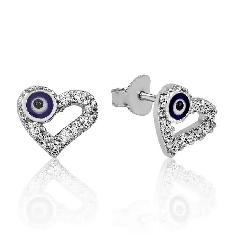 Silver Heart Evil Eye Stud Earrings Zircon Stone  925 Sterling Women for Jewelry Wedding Party Birthday Gift - Box - Fashion Girl Accessories